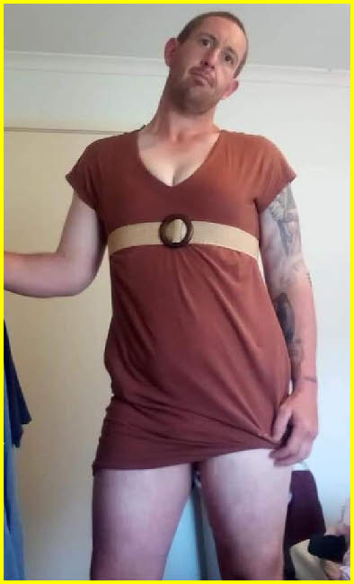 Australian sissy Jake Lee in his wife's short brown dress