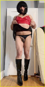 Sissy Gabriella hitches up his skirt to expose his hilariously small penis