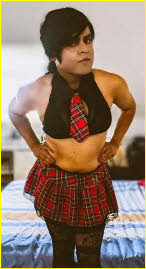 Limp-dicked sissy Sandy in schoolgirl uniform