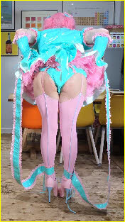 Sissy husband Miss Floof flashing his latex knickers