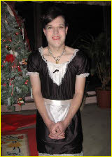 Cross-dressing French maid Shaun in silk uniform
