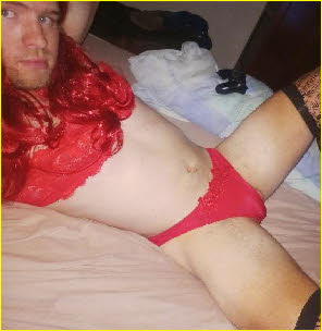 Slutty sissy Rikkie in red bra and knickers