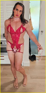 Sissy Mona's life is fucked if his wife and family see him wearing this red lingerie and cock cage