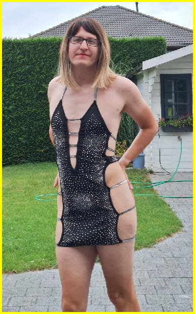 Sissy slut Natasja's little black dress leaves plenty of teasing flesh on show