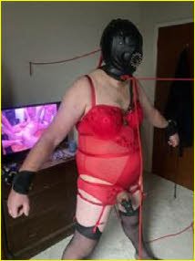 Chastity slave Mark trussed up in red lingerie Chastity slave Mark trussed up in red lingerie