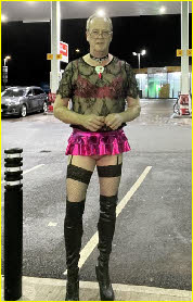 Slutty sissy Jenny flashes his stocking tops at a petrol station
