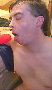 Cock-hungry fag Peter Fitton loves to suck his big red dildo
