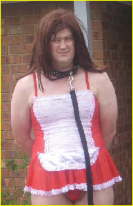 Cuckold husband Daphene forced to wear degradingly short red maid uniform