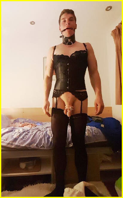 Sissy cross-dresser exposes caged prick Sissy cross-dresser exposes caged prick