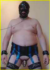 Gimp-masked German loser germanSlave76 wearing chastity cage on his useless dick