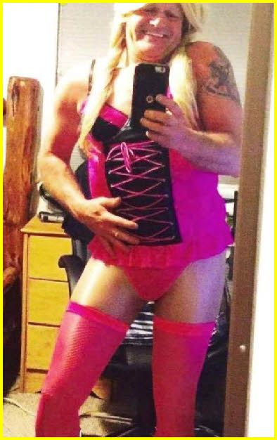 Sissy Shauna exposed in pink basque and stockings