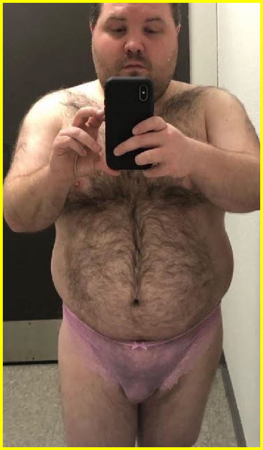 Fat hairy sissy loser Mark takes selfie in pink panties
