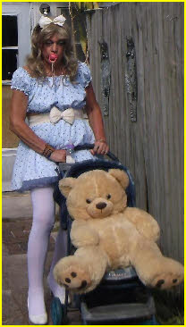 Crossdressing adult baby girl Pansy pushes teddy bear in pram