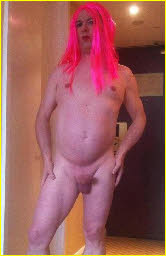 Naked sissy Tara in shocking pink wig