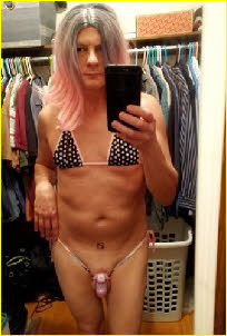 Locked sissy slut Chrissy in skimpy bikini