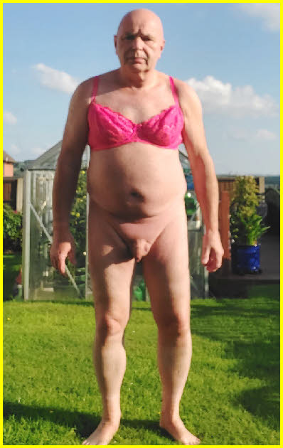 Failed husband Malcolm forced to stand in garden wearing just a pink bra Failed husband Malcolm forced to stand in garden wearing just a pink bra